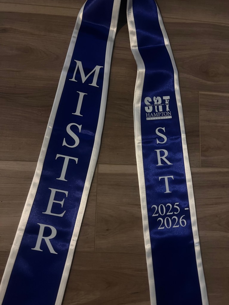 One royal blue stole with white trim with white bold text "Mister" on the left side and "SRT 2025-2026" on the right side.