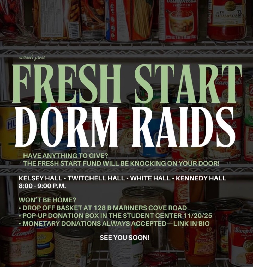 Promotional graphic for the Fresh Start Fund Dorm Raids, inviting students in multiple residence halls to donate canned goods and kitchen items to support the community through local food bank donations.