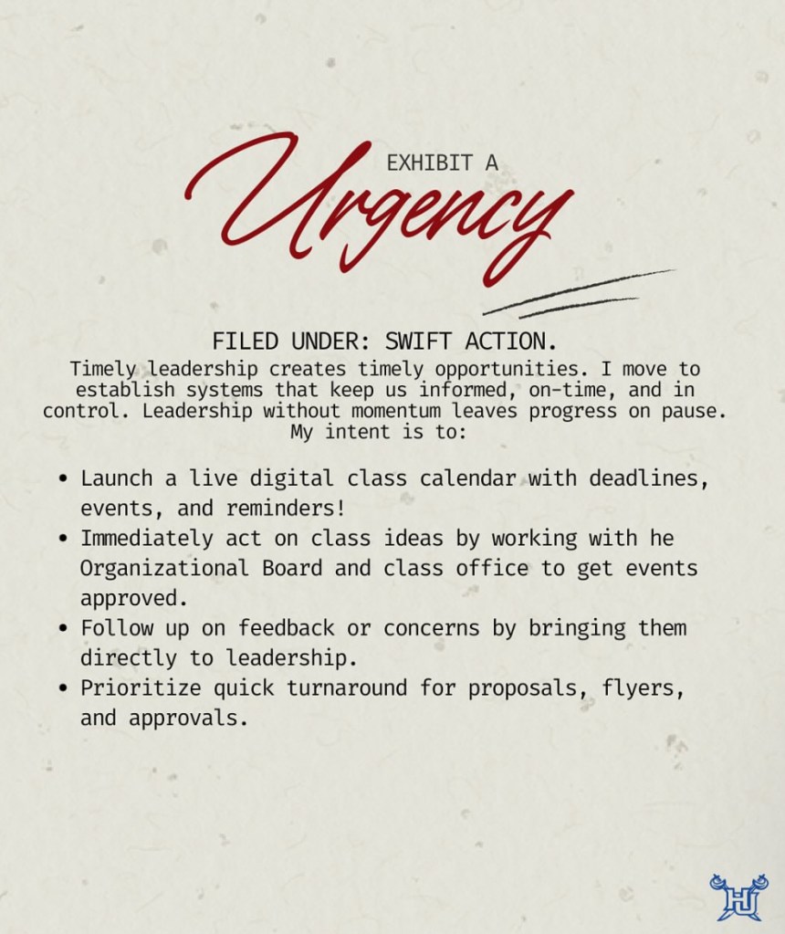 Graphic slide titled “Exhibit A: Urgency,” outlining Miracle Gross’s leadership goals for timely action. The text includes commitments such as launching a digital class calendar, acting quickly on class ideas, following up on feedback, and ensuring fast turnaround for proposals and communications.