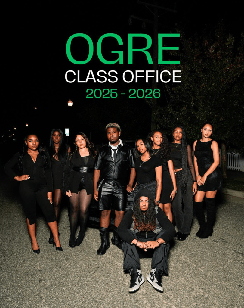 The Ogre Class Office 2025–2026 team poses for an all-black themed nighttime photoshoot featuring the full executive board.