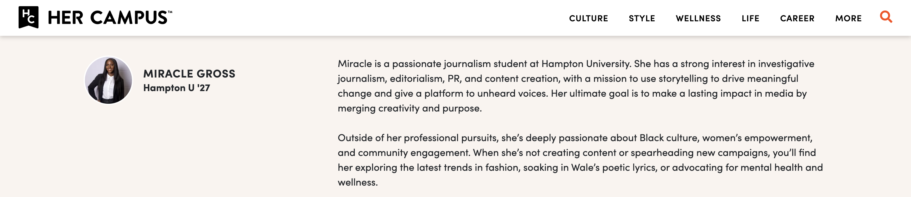 Screenshot of Miracle Gross’s Her Campus profile featuring her headshot and bio highlighting her interests in journalism, PR, content creation, and community engagement.