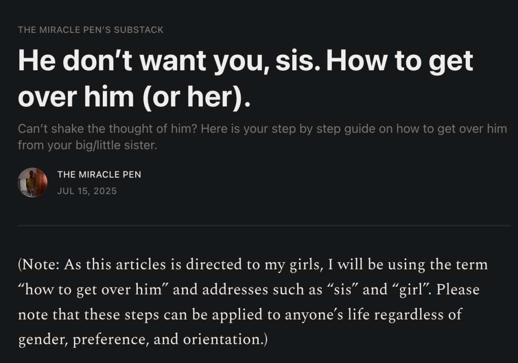 Screenshot of a Substack article offering step-by-step guidance on healing from heartbreak and moving on, written in a supportive big-sister tone.