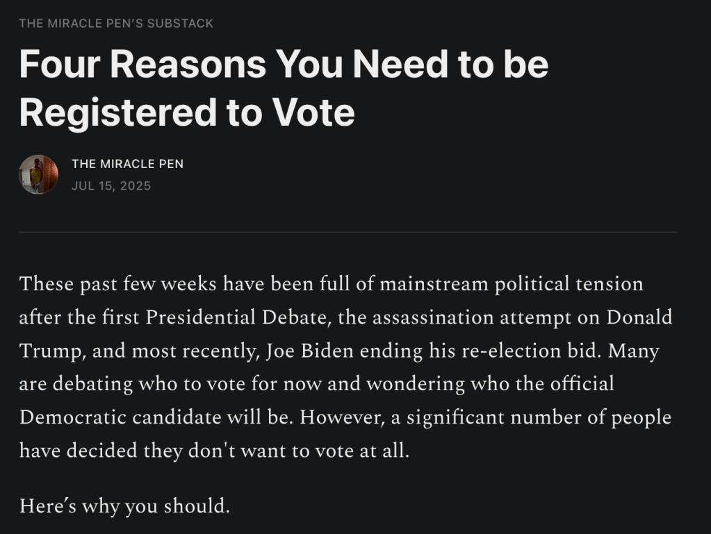 Screenshot of a Substack political commentary explaining the importance of youth voter registration during a tense election season.