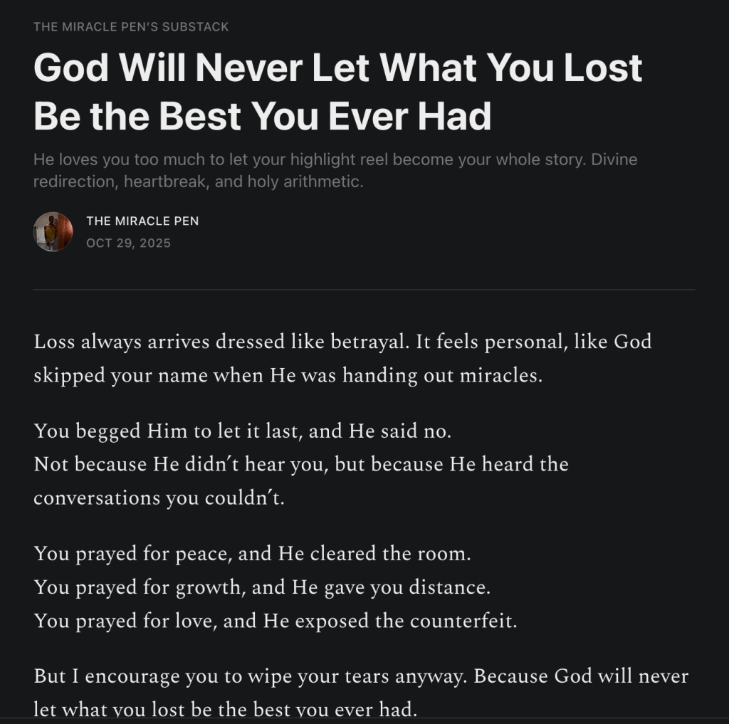 Screenshot of a Substack devotional-style article about loss, redirection, and trusting God’s plan through emotional healing.