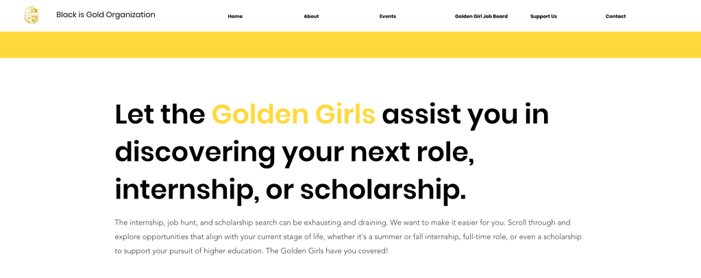 Screenshot of the Black Is Gold Organization website showing a bold headline about helping students discover internships, jobs, and scholarships.