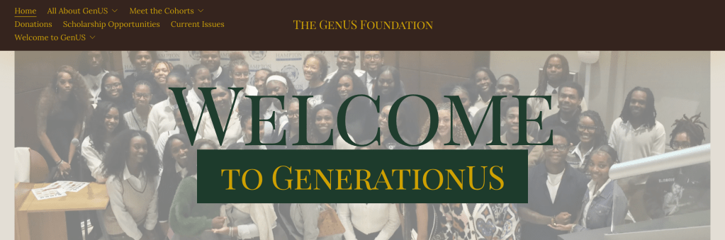 Screenshot of the GENUS Foundation homepage featuring a large “Welcome to GenerationUS” banner placed over a group photo of student leaders.